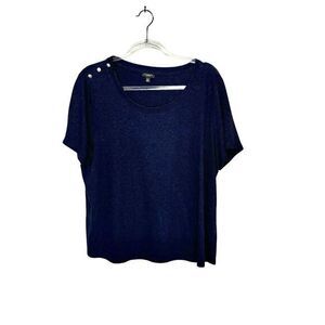 TALBOT'S‎ 2XLP Navy Top Gold Buttons on Shoulder Short Sleeve Pullover Slub Knit